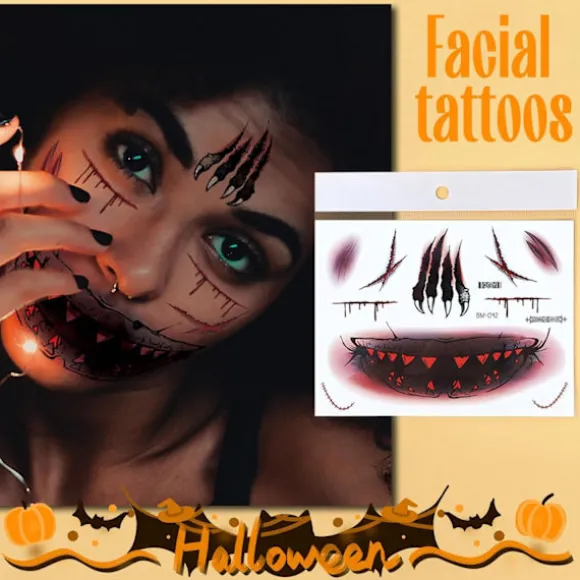6 Ark Halloween Ansigts Tatoveringer, Halloween Ansigtsmærkater Skeletmund Tatovering Halloween Makeup Sæt til Voksne