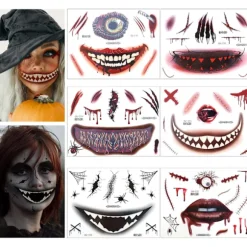 6 ark Halloween ansigtstatovering, Halloween ansigtsklistermærker Skeletmundstatovering Halloween makeup voksne sæt