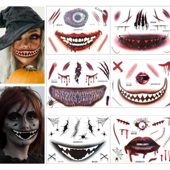6 ark Halloween ansigtstatovering, Halloween ansigtsklistermærker Skeletmundstatovering Halloween makeup voksne sæt