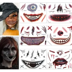 6 ark Halloween ansigtstatovering, Halloween ansigtsklistermærker Skeletmundstatovering Halloween makeup voksne sæt