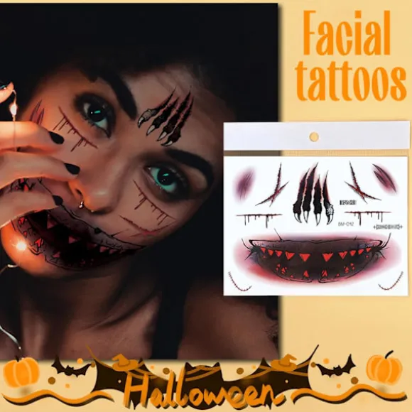 6 ark Halloween ansigtstatovering, Halloween ansigtsklistermærker Skeletmundstatovering Halloween makeup voksne sæt