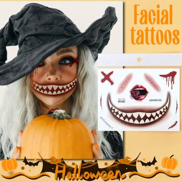 6 ark Halloween ansigtstatovering, Halloween ansigtsklistermærker Skeletmundstatovering Halloween makeup voksne sæt