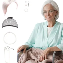 7 Dele Wigs Paryk Bedstemor COS Dragt Kæde Briller Perlekæde Armbånd Briller Øreringe Til Aprils Narredag 100 Dage I Skolen (FMY) White