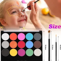 15 farver kropsmaling ansigtsmaling sæt, professionel palette vaskbar med 2 ansigtsmalingspensler, professionel kropsan,A