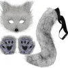 2024 Faux Fur Rævehale Kat Ulv Cosplay Kostume Sæt Plys Maske Fluffy Poter Handsker Halloween Jul