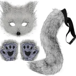 2024 Faux Fur Rævehale Kat Ulv Cosplay Kostume Sæt Plys Maske Fluffy Poter Handsker Halloween Jul