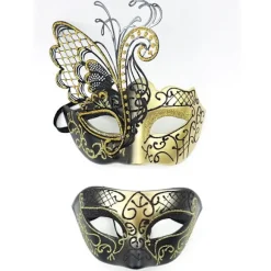 2 gyldne venetianske masker, metalmasker, par masker, P