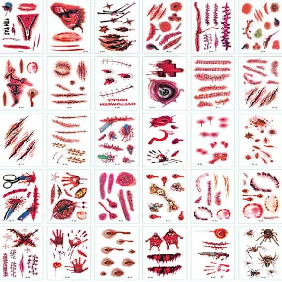 300 Halloween Midlertidige Tatoveringer Skræmmende Falske Sår Ar Makeup Klistermærker Til Ansigts- og Kropskostumefest Tilbehør Horror Cosplay Rekvisitter 150 Designs | Fyndiq