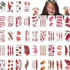 300 midlertidige tatoveringer - Halloween-arr-tatoveringer - Ansigts- og kropsmakeup - 3D-simulerede sår - Mørke ar...