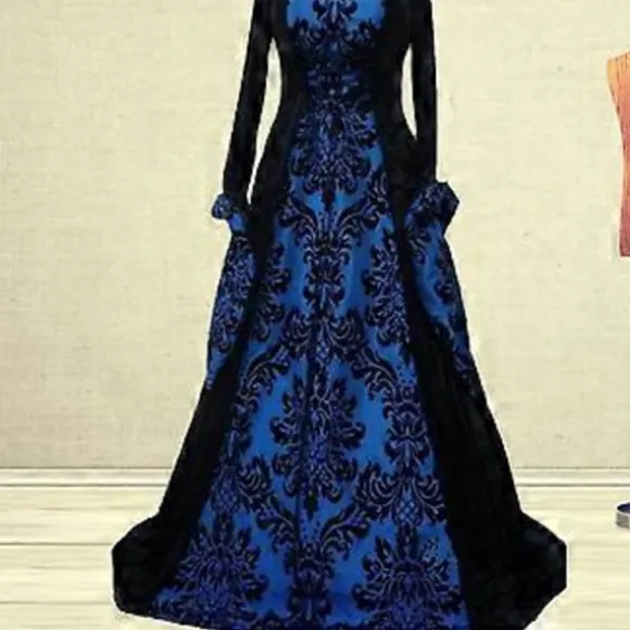 15% RABAT Dame Renaissance Middelalder Kostume Kjole Snøret Irsk Over Lang Kjole Cosplay Retro Kjole (3XL Blå)