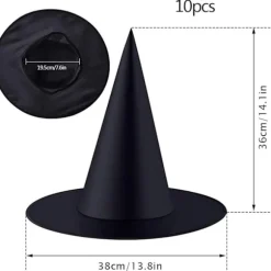 10 Sorte Heksehatte - Halloween Partyhatte - Sorte Spidse Troldmandshatte - Cosplay Partyhatte - Børne Kostumetilbehør - Sort - One Size