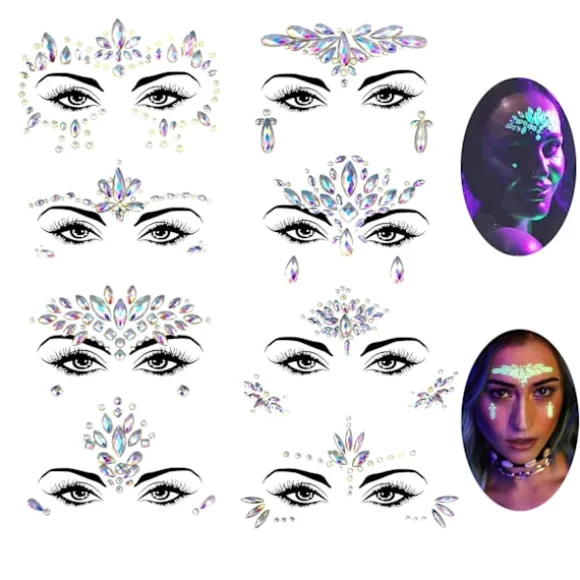 8 sæt selvlysende ansigtssten lysende midlertidige tatoveringsklistermærker akryl krystal glitter klistermærker ansigtsjuveler til fest, rave festival S(165-170CM) | Fyndiq