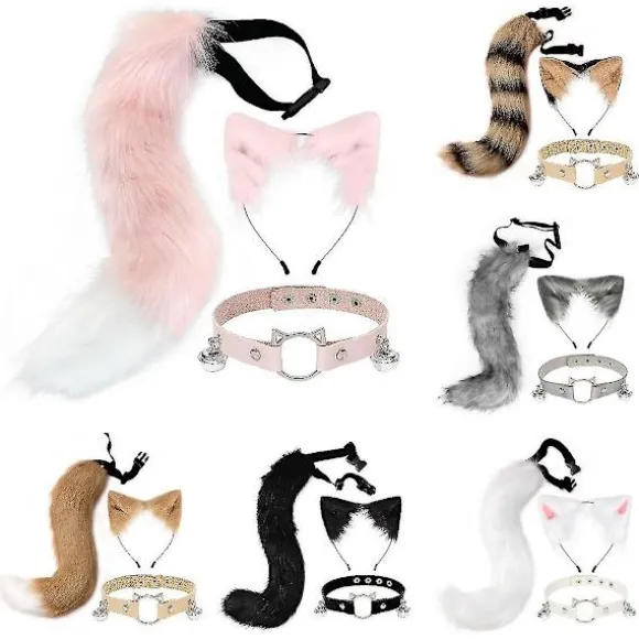3 stk. Cosplay Kat Sød Ører Hårbøjle Lodden Rævehale Klokke Hals Choker Sæt Legetøj Black