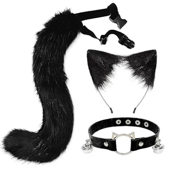 3 stk. Cosplay Kat Sød Ører Hårbøjle Lodden Rævehale Klokke Hals Choker Sæt Legetøj Black