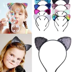 8 stk. Glitter Katteøre Pandebånd Halloween Maskerade Catwoman Hårbånd