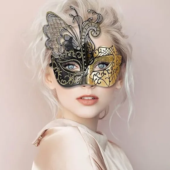 2 stk. guld venetianske masker, metal maskerade masker, parmasker, bal, karneval