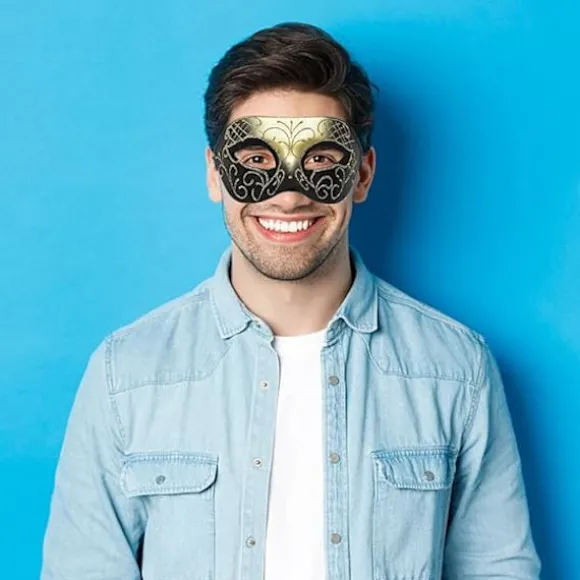 2 stk. guld venetianske masker, metal maskerade masker, parmasker, bal, karneval