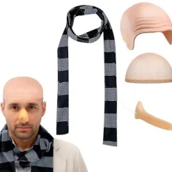 4 stk. Halloween-kostumetilbehør til voksne, Latex skaldet hoved med paryk, stribet halstørklæde, falsk lang næse, rollespilsfest tegneserie cosplay | Fyndiq