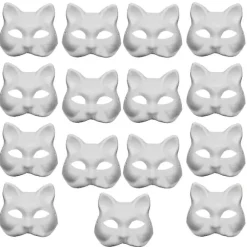 15 stk. hvide dekorationsmalbare masker, halv ansigts kattemasker, Halloween fest, tomt papir, almindelig