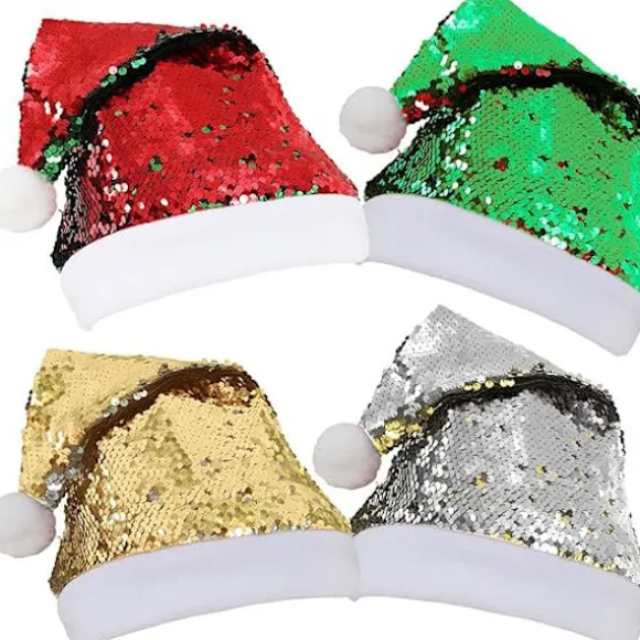 4 stk. julehatte 2 designs dobbeltsidet vendbar pailletter julemand
