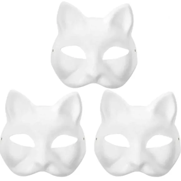 3 stk. kattemaske, Therian masker hvide kattemasker tomme DIY Halloween maske cosplay, 50% rabat