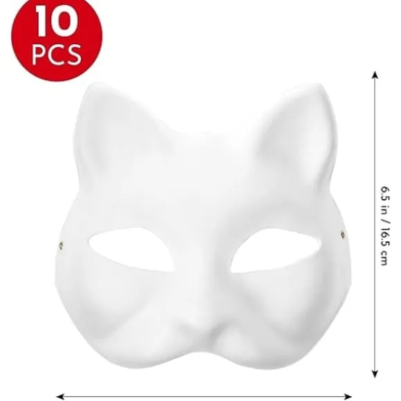 10 stk Kattemasker til at Male, Dyrekostumemasker DIY Hvide Masker Halvmaske til Maskerade Halloween Børn Cosplay Masker Kostume Party Favors