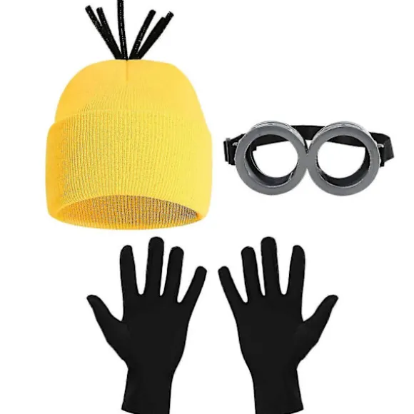 3 STK Kostume Tilbehør Voksen Gul Beanie Strikkede Huer Steampunk Briller Glas Sorte Handsker Halloween Cosplay Fest (LGL)