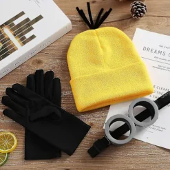 3 STK Kostume Tilbehør Voksen Gul Beanie Strikkede Huer Steampunk Briller Glas Sorte Handsker Halloween Cosplay Fest (LGL)