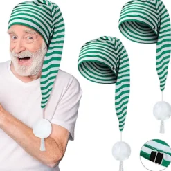 2 stk. Nathat til mænd Stribet Pyjamahat Justerbar Sovehat Med Pom Pom Bold Til Festartikler Grøn Og Hvid Green and White