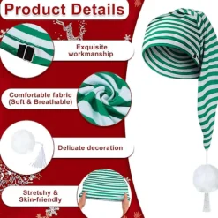 2 stk. Nathat til mænd Stribet Pyjamahat Justerbar Sovehat Med Pom Pom Bold Til Festartikler Grøn Og Hvid Green and White