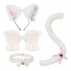 4 stk./sæt Kattedragt Cosplay Tilbehør Sæt Plys Materiale Katteører Hårbøjle Klokkehalsbånd Klotasser Hale Sæt Hvid White One Size