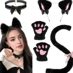 4 stk./sæt Kattedragt Cosplay Tilbehør Sæt Plys Materiale Katteører Hårbøjle Klokkehalsbånd Klotasser Hale Sæt Hvid White One Size