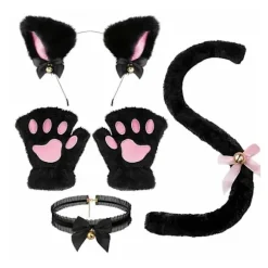 4 stk/sæt Kattekostume Cosplay Tilbehør Sæt Plys Materiale Katteører Hårbånd Klokkehalsbånd Kattepoter Hale Sæt Sort-FX- Black One Size