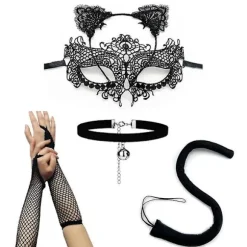 5 stk./sæt katteører pandebånd maske halskæde handsker sexet kattekostume sæt til fest