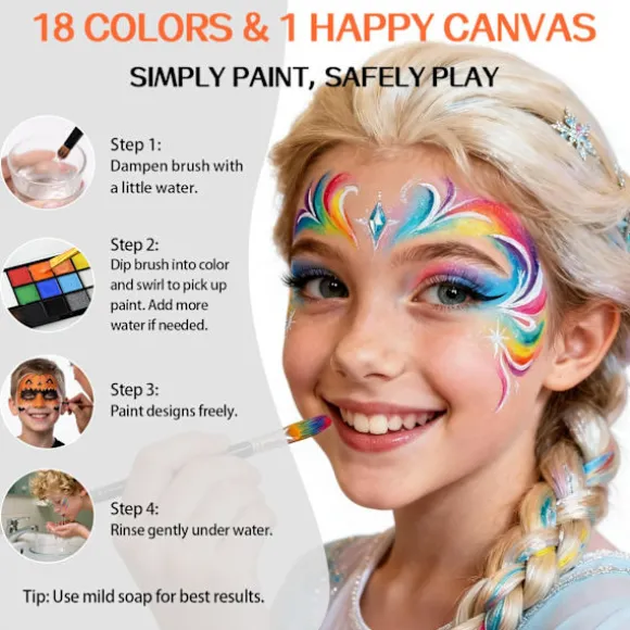18 vaskbare ansigtsmalinger til børn og voksne, komplet ansigts- og kropsmalingspalet med pensel, giftfri og hudvenlig formel, ideel til 18 Colors Face Body Paint Palette | Fyndiq