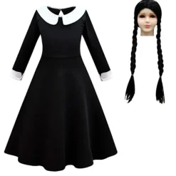 Adams Family Pigernes Wednesday Cosplay rollespilskostume 120cm dress wig 160cm