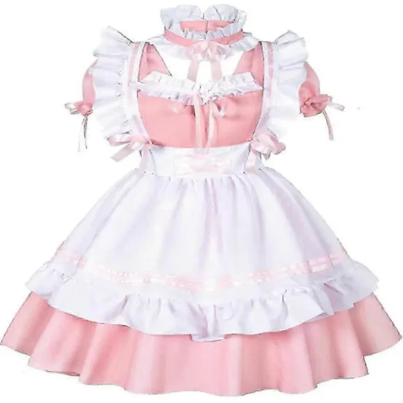 Anime Fransk Stuepige Forklæde Lolita Fancy Kjole Cosplay Kostume Pelsede Katteøre Handsker Sokker Sæt til Kvinder Pink M
