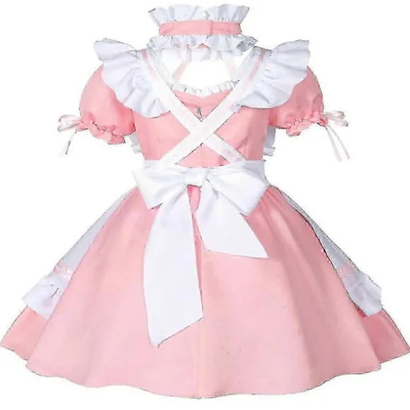 Anime Fransk Stuepige Forklæde Lolita Fancy Kjole Cosplay Kostume Pelsede Katteøre Handsker Sokker Sæt til Kvinder Pink M