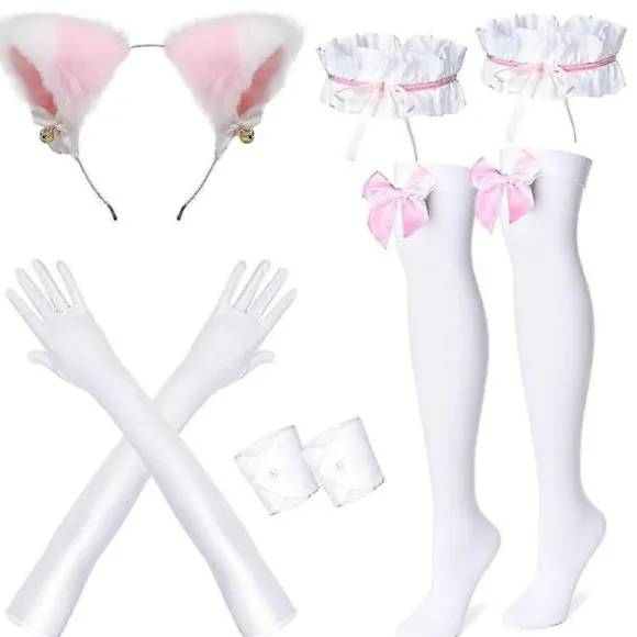 Anime Fransk Stuepige Forklæde Lolita Fancy Kjole Cosplay Kostume Pelsede Katteøre Handsker Sokker Sæt til Kvinder Pink M