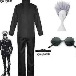 2023-anime Jujutsu Kaisen Gojo Satoru Cosplay Kostume Toppe Bukser Øjenlap Halloween Fest Mænd Uniform Parykker-1-1(S Sort Pakke 6)
