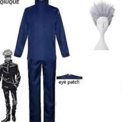 2023-anime Jujutsu Kaisen Gojo Satoru Cosplay Kostume Toppe Bukser Øjenlap Halloween Fest Mænd Uniform Parykker-1-1(XXXL Blå Pakke 5)