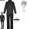 2023-anime Jujutsu Kaisen Gojo Satoru Cosplay Kostume Toppe Bukser Øjenlap Halloween Fest Mænd Uniform Parykker-1-1(S Sort Pakke 5)