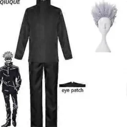 2023-anime Jujutsu Kaisen Gojo Satoru Cosplay Kostume Toppe Bukser Øjenlap Halloween Fest Mænd Uniform Parykker-1-1(S Sort Pakke 5)