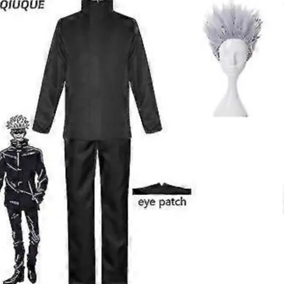 2023-anime Jujutsu Kaisen Gojo Satoru Cosplay Kostume Toppe Bukser Øjenlap Halloween Fest Mænd Uniform Parykker-1-1(S Sort Pakke 5)
