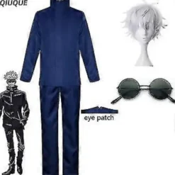 2023-anime Jujutsu Kaisen Gojo Satoru Cosplay Kostume Toppe Bukser Øjenlap Halloween Fest Mænd Uniform Parykker-1-1(L Blå Pakke 4)