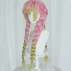 Anime lyserød og grøn paryk til Mitsuri Cosplay flettet hårparyk med fletninger Halloween festparyk + kasket, wz-2055 (FMY),CJY