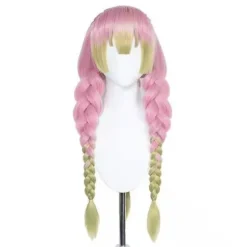 Anime lyserød og grøn paryk til Mitsuri Cosplay flettet hårparyk med fletninger Halloween festparyk + kasket, wz-2055 (FMY),CJY