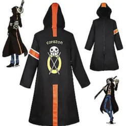 Anime One Piece Cosplay Trafalgar Law Cosplay Kostume Sort Lang Hættetrøje Kappe Halloween Kostume Til Voksen Mand (S)