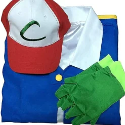 Anime Træner Kostume til Mænd Drenge Ash Ketchum Voksen Cosplay til Piger Halloween Blå Jakke Hat og Handsker Sæt - Perfekt{AZC} Kid 110