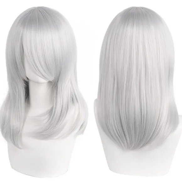 Anime-karakterer cosplay paryk med pandehår, mellemlang 40 cm, sølvfarvet